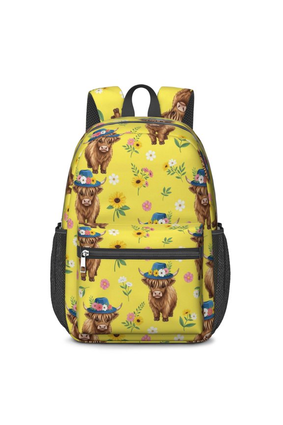 Highland Cow and Hat Print 17" School Backpacks for Teens,Waterproof Oxford Fabric,S-Shape Padded Straps for School,Travel,Hiking,Camping