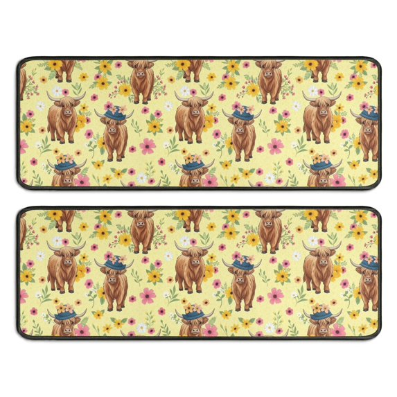 Highland Cow and Hat Print Anti Fatigue Kitchen Rugs Set Of 2, Non Slip Washable Decorative Floor Mats for Sink Laundry and Home Use, 17"x47"