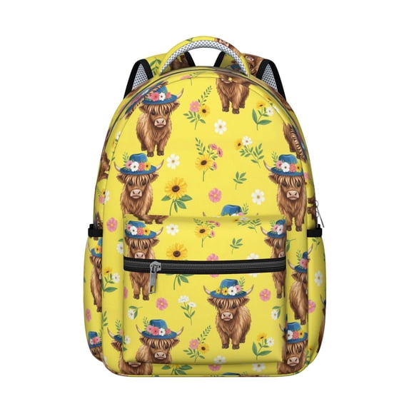 Highland Cow and Hat Print Backpack for School, Cute School Bag with Adjustable Shoulder Straps and Padded Back, 15.3"x11"x7.1"