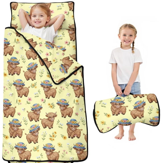 Highland Cow and Hat Print Teens Toddler Nap Mat with Pillow, Sleeping Mat Bag for Preschool Daycare 50"x20"