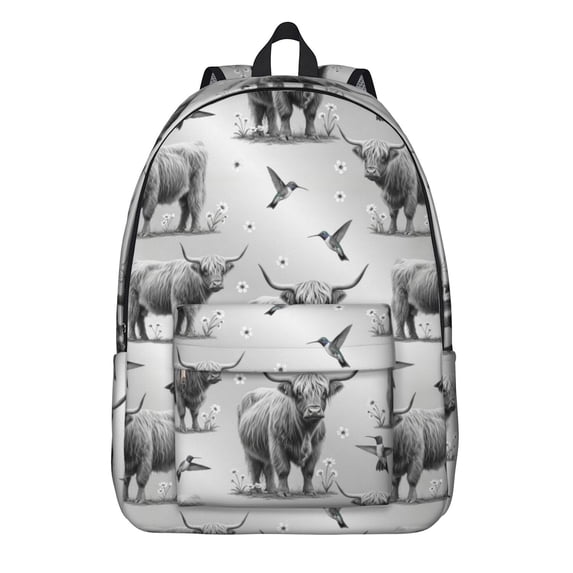 Highland Cow and Hummingbird Print Backpack for School, Cute School Bag with Adjustable Shoulder Straps and Padded Back, 15.7"x11.8"x5.5"