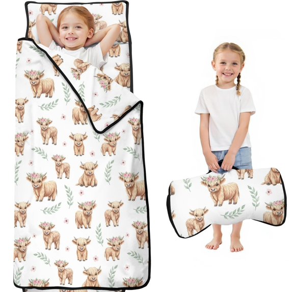Highland Cow and Leaf Print Teens Toddler Nap Mat with Pillow, Sleeping Mat Bag for Preschool Daycare 59"x22"