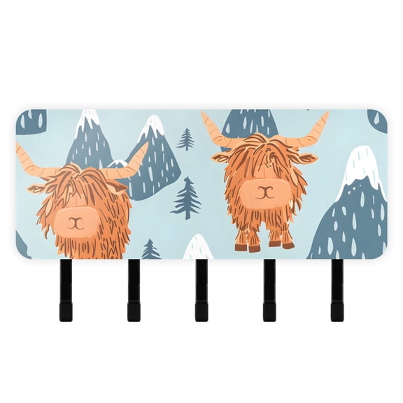 Highland Cow and Mountains Mail Holder Organizer Wall Mount with Shelf Key Holder Key Rack with 5 Key Hooks for Wall Decorative