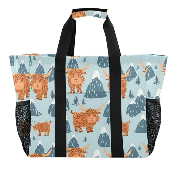 Highland Cow and Mountains Reusable Grocery Bags with Handle Side Pocket Waterproof Shopping Portable Tote