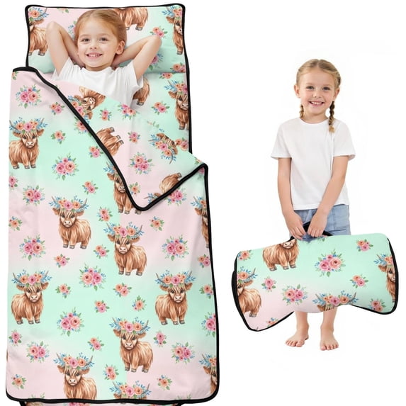 Highland Cow and Rose Print Teens Toddler Nap Mat with Pillow, Sleeping Mat Bag for Preschool Daycare 50"x20"