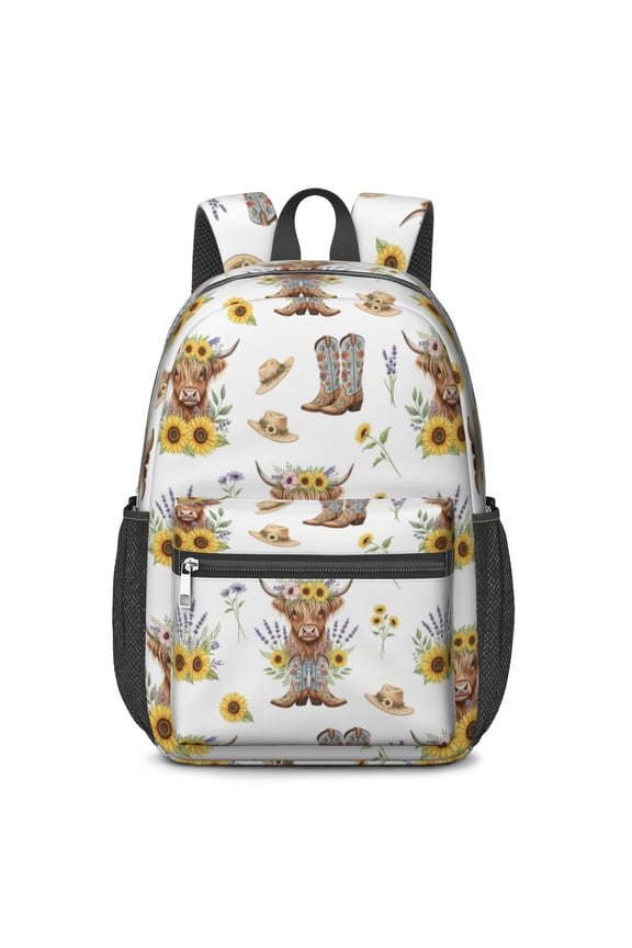Highland Cow and Sunflower Print 17" School Backpacks for Teens,Waterproof Oxford Fabric,S-Shape Padded Straps for School,Travel,Hiking,Camping