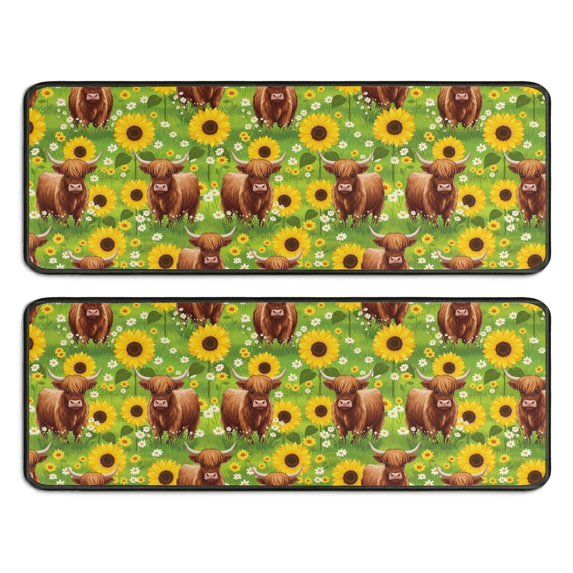 Highland Cow and Sunflower Print Anti Fatigue Kitchen Rugs Set Of 2, Non Slip Washable Decorative Floor Mats for Sink Laundry and Home Use, 17"x47"