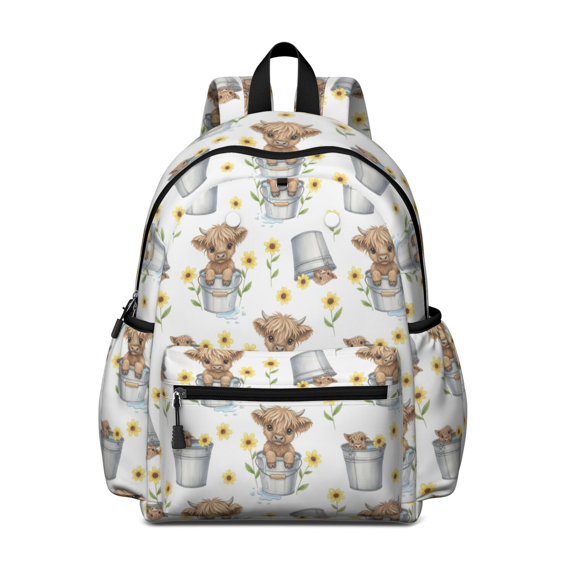 Highland Cow and Sunflower Print Backpack for School, Cute School Bag with Adjustable Shoulder Straps and Padded Back, 13.4"x11"x4.7"