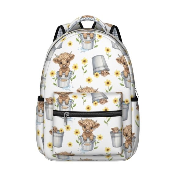 Highland Cow and Sunflower Print Backpack for School, Cute School Bag with Adjustable Shoulder Straps and Padded Back, 15.3"x11"x7.1"