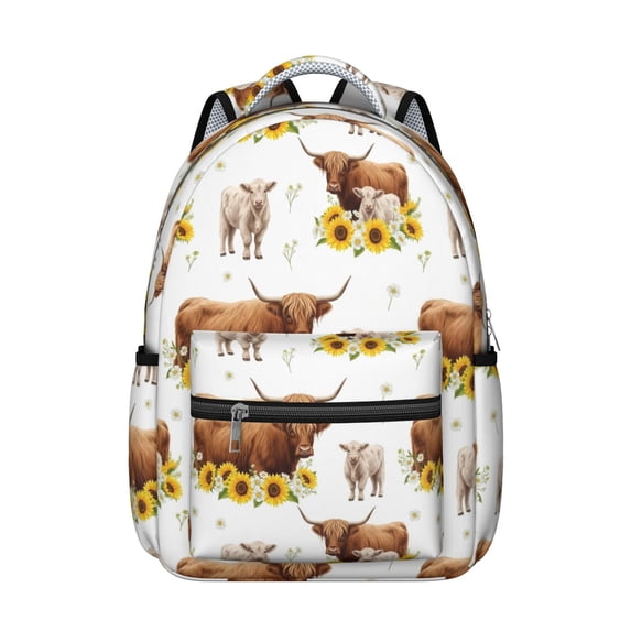 Highland Cow and Sunflower Print Backpack for School, Cute School Bag with Adjustable Shoulder Straps and Padded Back, 15.3"x11"x7.1"