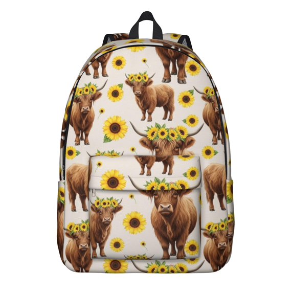 Highland Cow and Sunflower Print Backpack for School, Cute School Bag with Adjustable Shoulder Straps and Padded Back, 15.7"x11.8"x5.5"