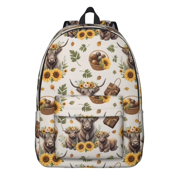 Highland Cow and Sunflower Print Backpack for School, Cute School Bag with Adjustable Shoulder Straps and Padded Back, 15.7"x11.8"x5.5"