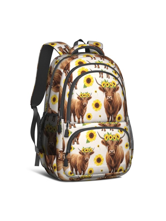 Highland Cow and Sunflower Print Backpack for School, Cute School Bag with Adjustable Shoulder Straps and Padded Back, 16.9"x12.6"x5.9"