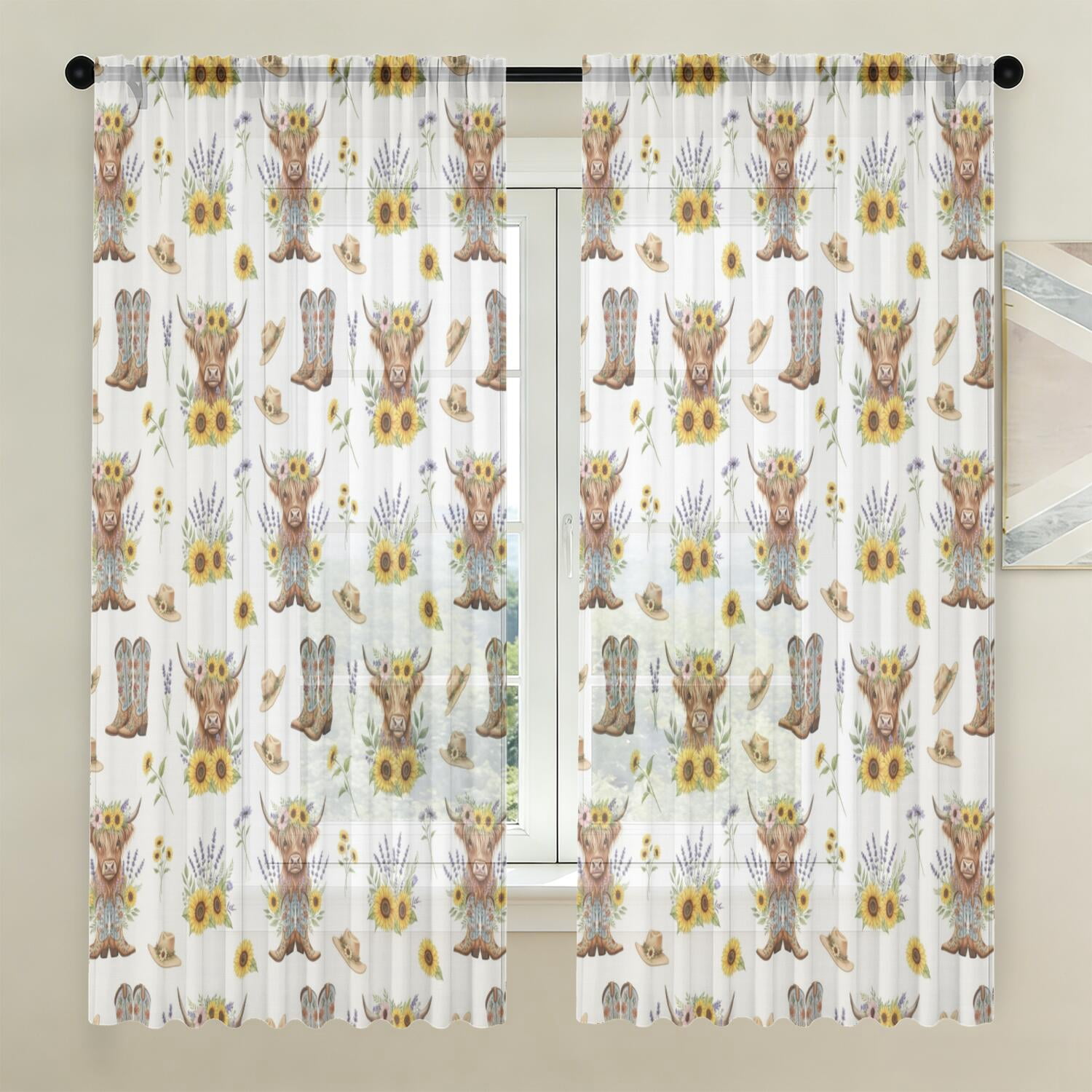 Highland Cow and Sunflower Print Sheer Curtains, Rod Pocket Sheer ...