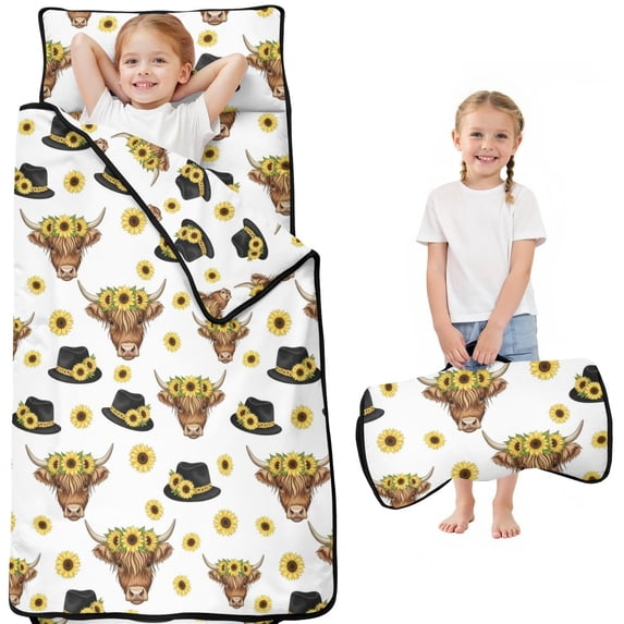 Highland Cow and Sunflower Print Teens Toddler Nap Mat with Pillow, Sleeping Mat Bag for Preschool Daycare 50"x20"