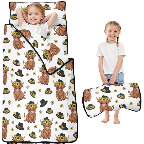 Highland Cow and Sunflower Print Teens Toddler Nap Mat with Pillow, Sleeping Mat Bag for Preschool Daycare 51"x22"