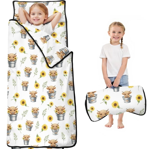 Highland Cow and Sunflower Print Teens Toddler Nap Mat with Pillow, Sleeping Mat Bag for Preschool Daycare 59"x22"