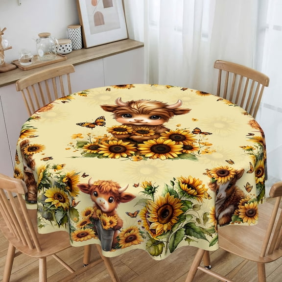 Highland Cow and Sunflower Round Tablecloth Rustic Style Suitable for Dining Rooms Kitchens and Picnics Waterproof Table Cover 60 inch