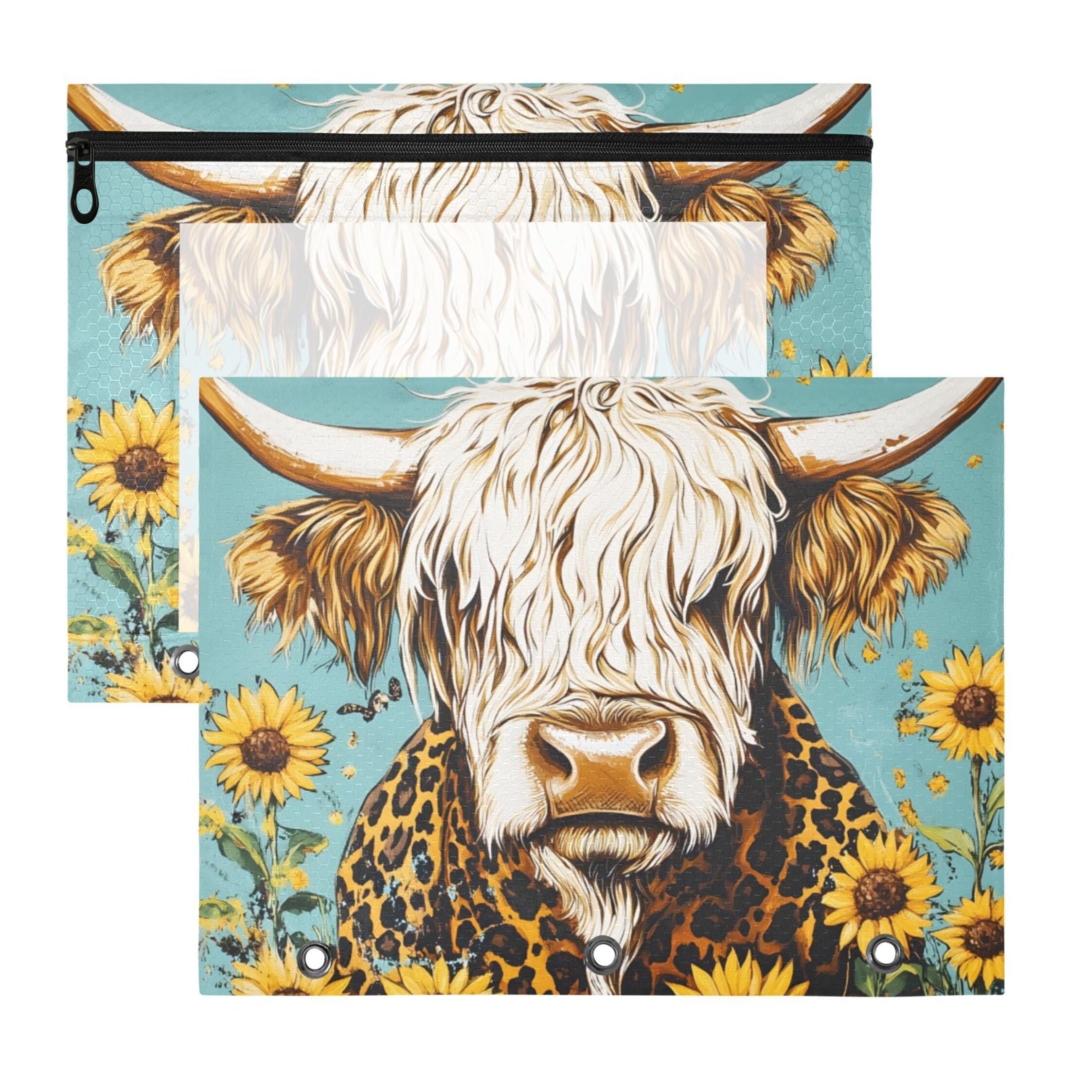 Highland Cow and Sunflowers 3-Ring Binder Pouches A4 Size Zipper Pocket ...