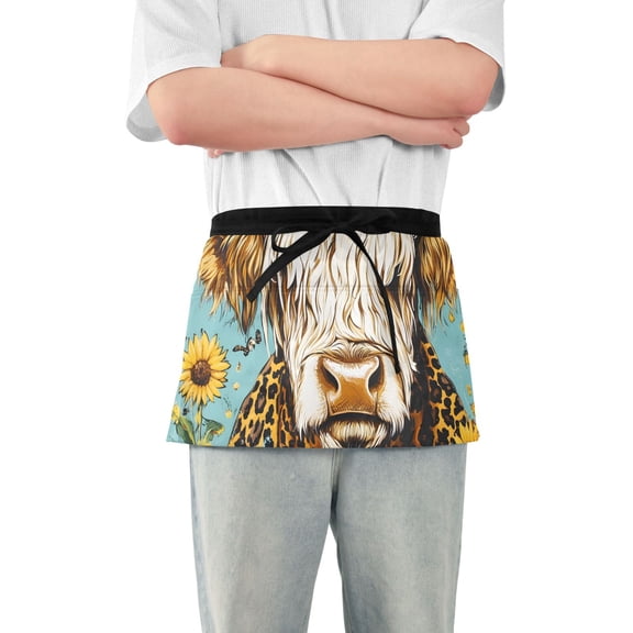 Highland Cow and Sunflowers Short Server Apron with 3 Pockets for Unisex Chef Gardening