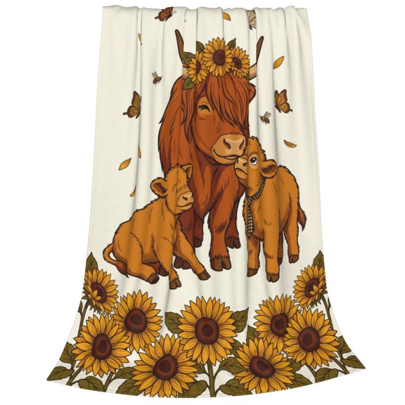 Highland Cow and Sunflowers Throw Blanket, Soft Cozy Flannel Blanket, Farmhouse Animal Home Decor for Couch Sofa Bed, Gift for Animal Lovers 50x40