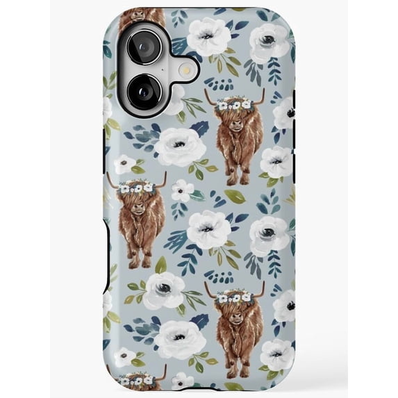Shell Posster Blue Highland Cow and White Floral Tough Phone Case for Apple iPhone ...