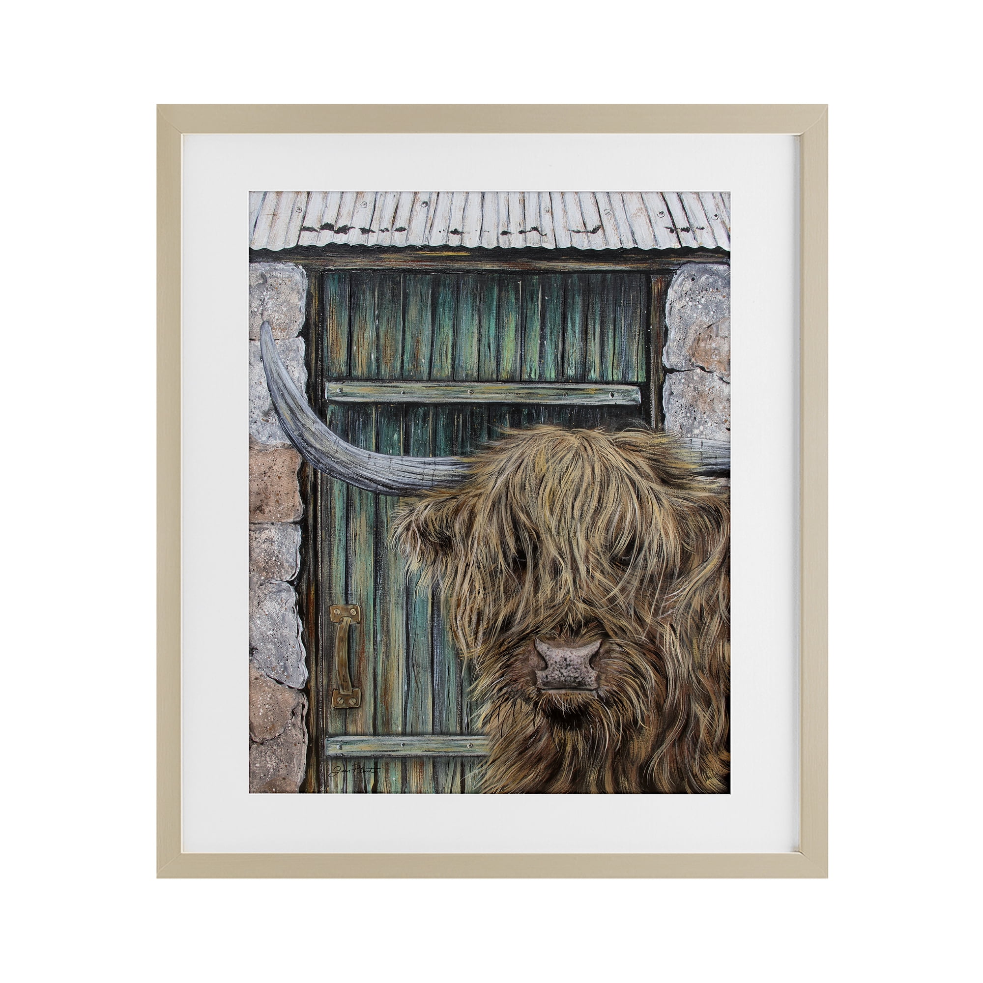 Highland Cow by Barn Door Birch Framed Print Under Glass, design by Jean Plout