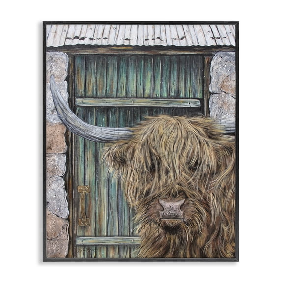 Highland Cow by Barn Door Black Framed Giclee Art, design by Jean Plout
