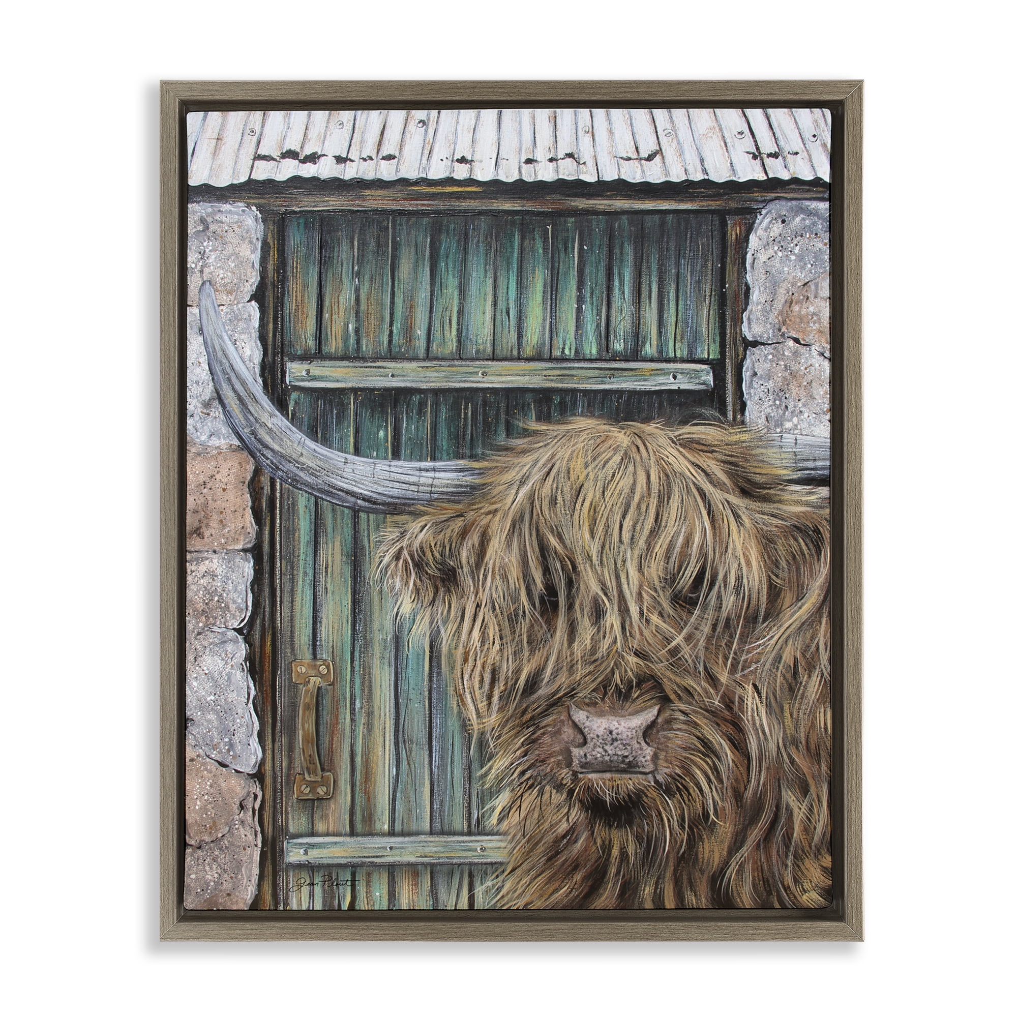 Highland Cow by Barn Door Brown Framed Floater Canvas Wall Art, design by Jean Plout