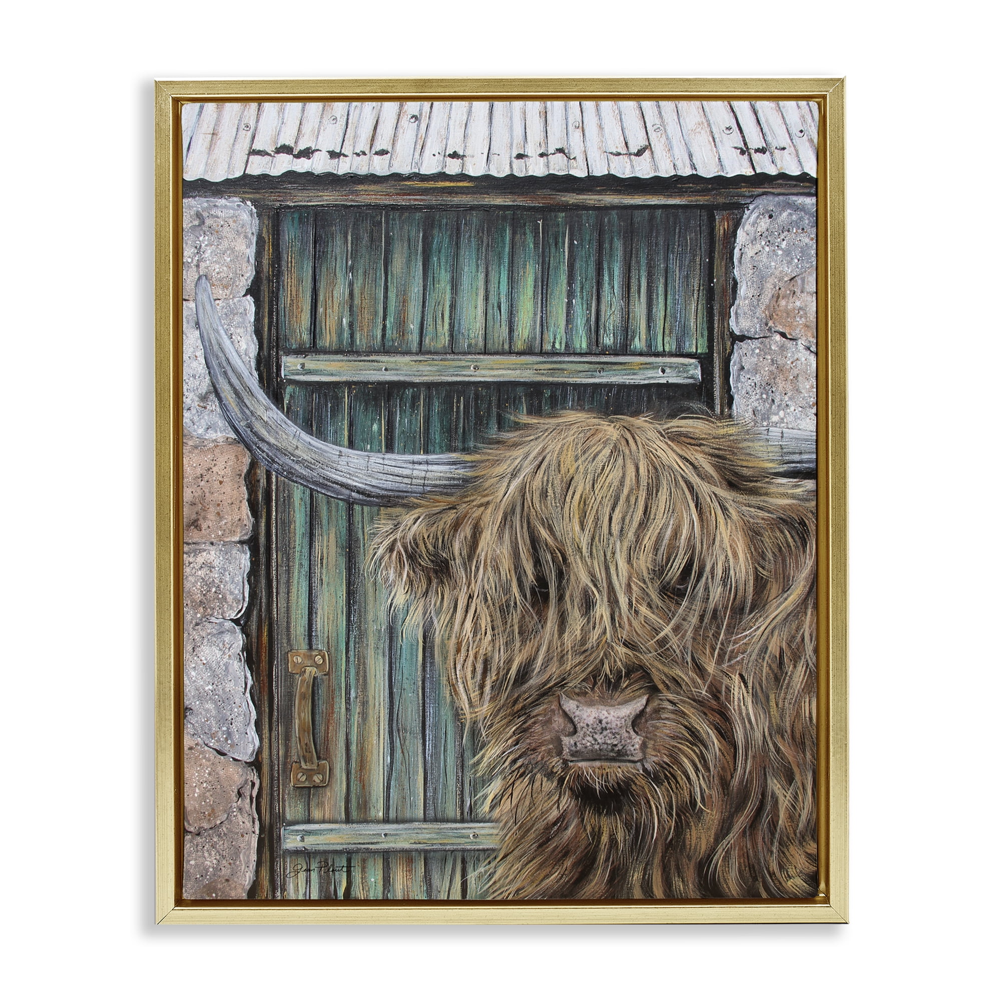 Highland Cow by Barn Door Gold Framed Floater Canvas Wall Art, design by Jean Plout