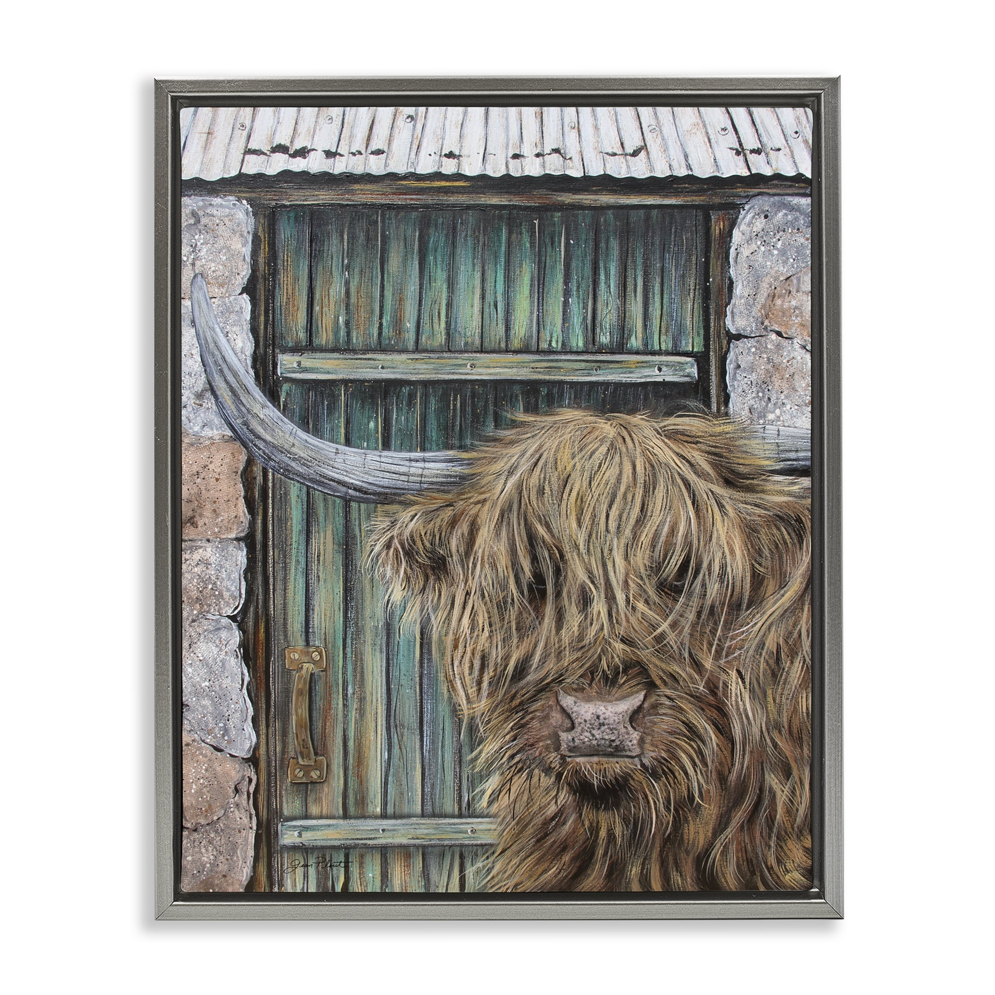 Highland Cow by Barn Door Gray Framed Floater Canvas Wall Art, design by Jean Plout