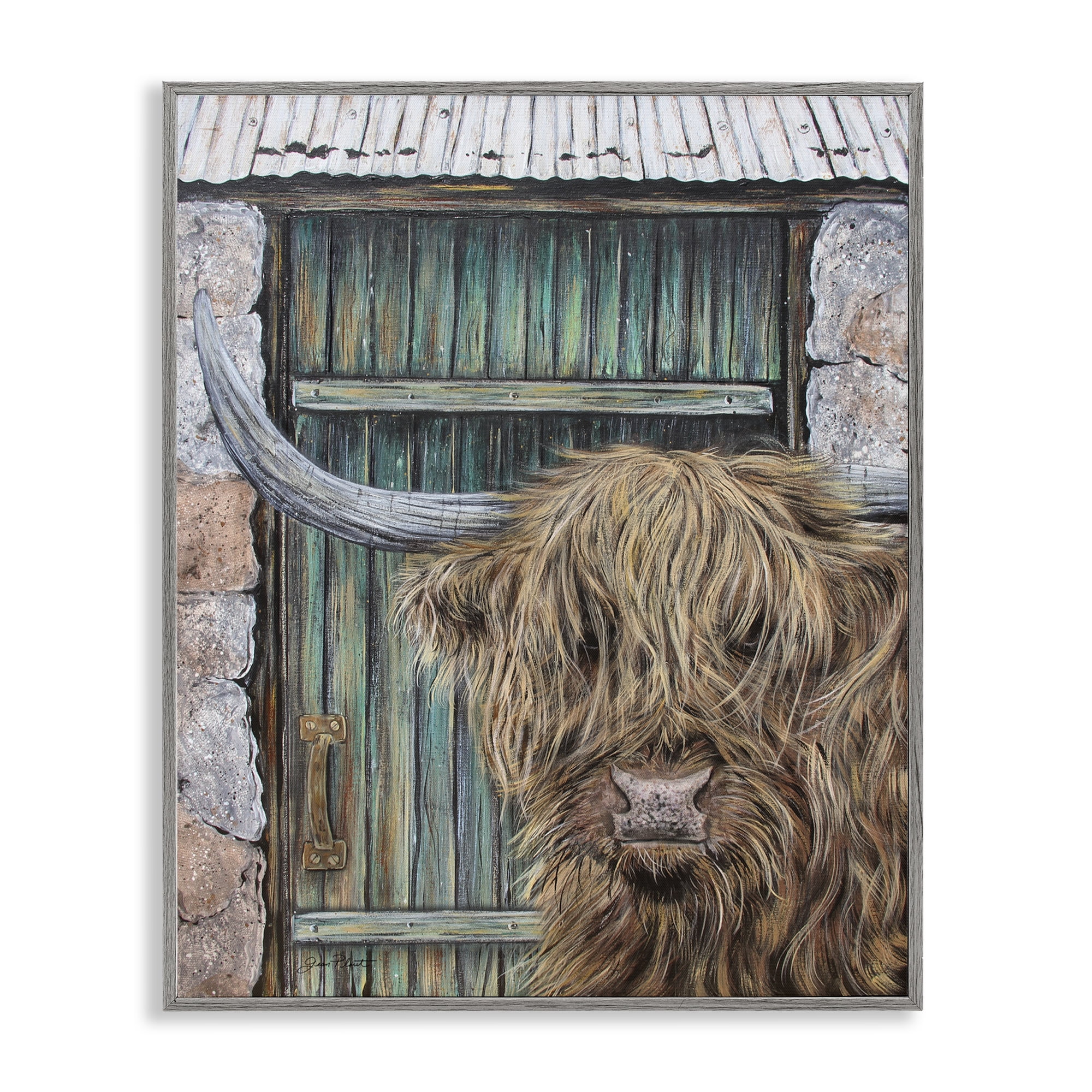 Highland Cow by Barn Door Gray Framed Giclee Art, design by Jean Plout