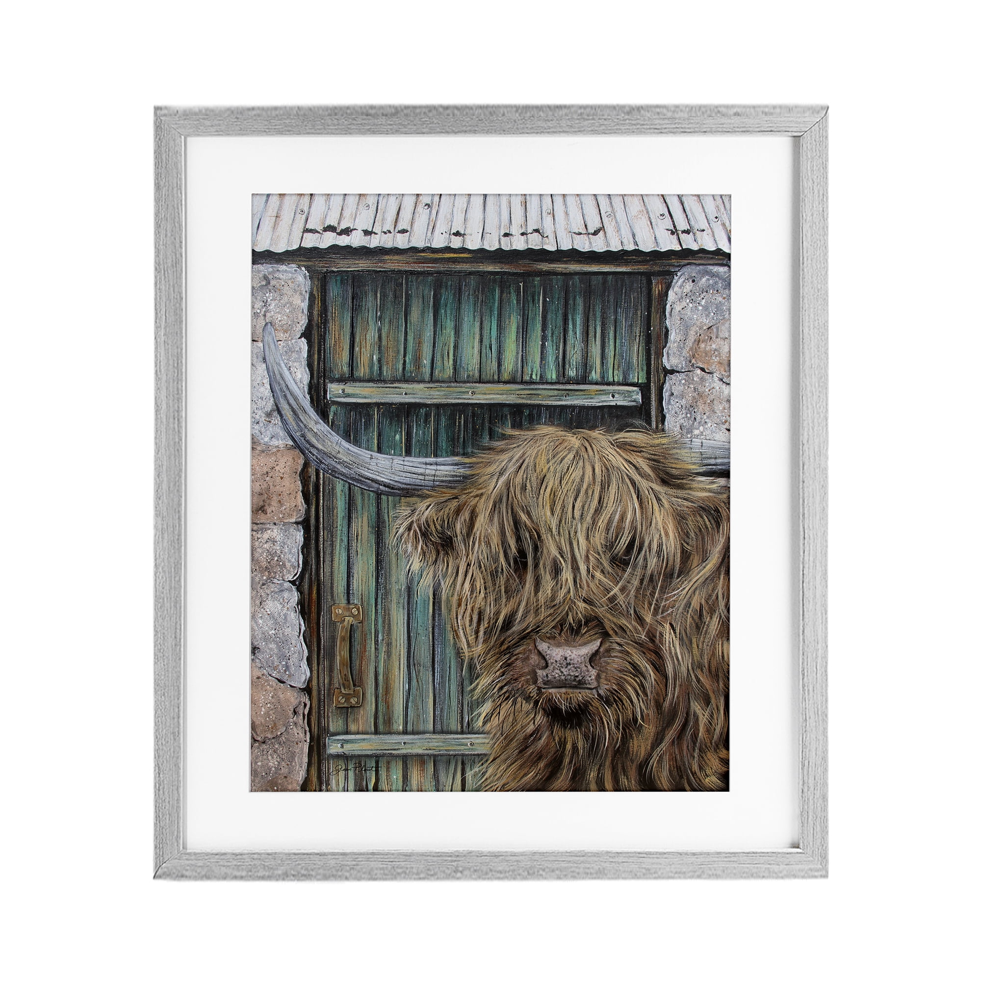 Highland Cow by Barn Door Gray Framed Print Under Glass, design by Jean Plout