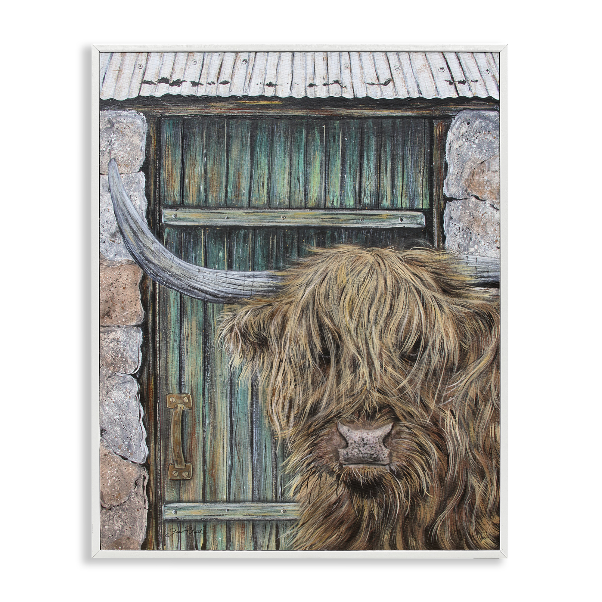 Highland Cow by Barn Door White Framed Giclee Art, design by Jean Plout
