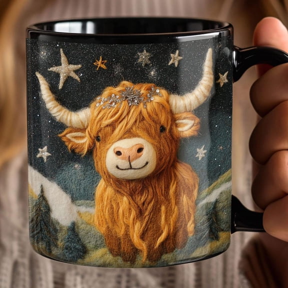 Highland Cow, felted look, Mountains and Stars, Coffee Cup, Ceramic Tea Mug, Animal Lover Gift, Nature Inspired Kitchen Decor, rustic