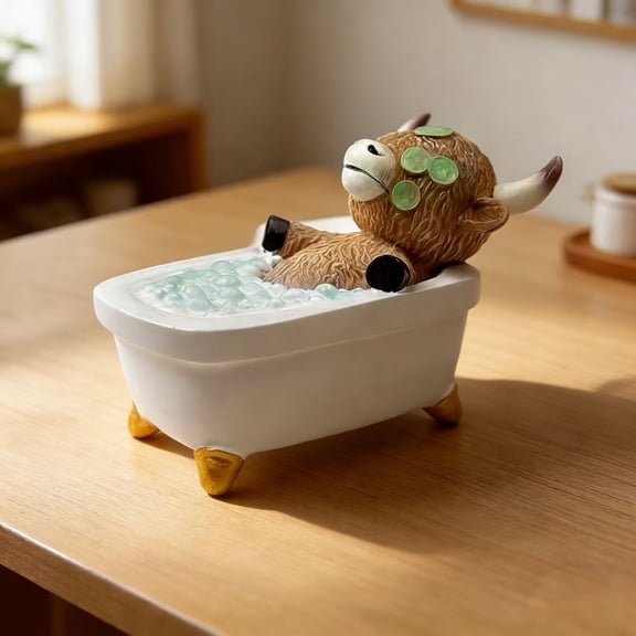 Highland Cow in Bathtub Figurine, Cute Resin Cow Statue with Bubble Bath, Funny Animal Decor for Bathroom, Living Room, Desk, Gift for Cow Lovers