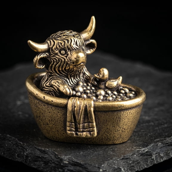 Highland Cow in Bathtub Mini Figurine, 1.38in Copper Finish Resin Ornament for Bathroom Shelf, Shower Ledge, and Rustic Farmhouse Decor Gift