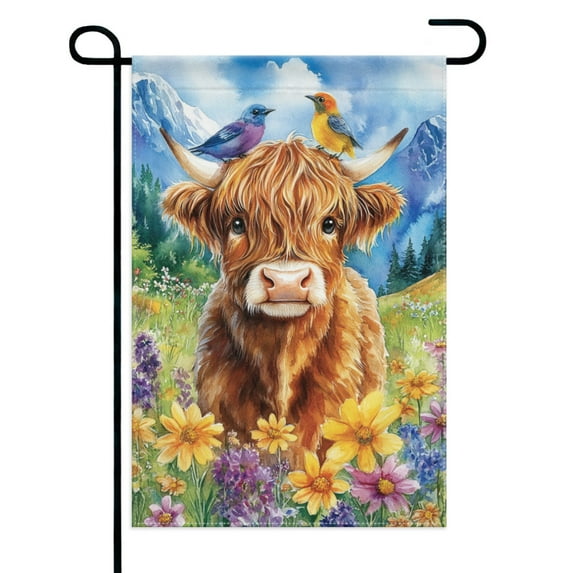Highland Cow with Floral and Birds Garden Flags 12×18 Inch Double Sided Decorative Yard Banner Seasonal Flag for Outdoor Outside Decor
