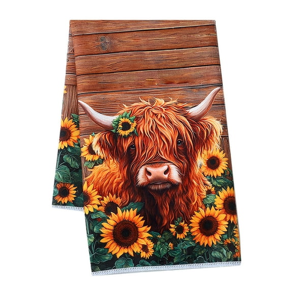 Highland Cow with Flowers Hand Towels, Absorbent Kitchen Towels Dish Towel for Home Bathroom Gym Hotel Holiday Decor,17.7x27.5 inch
