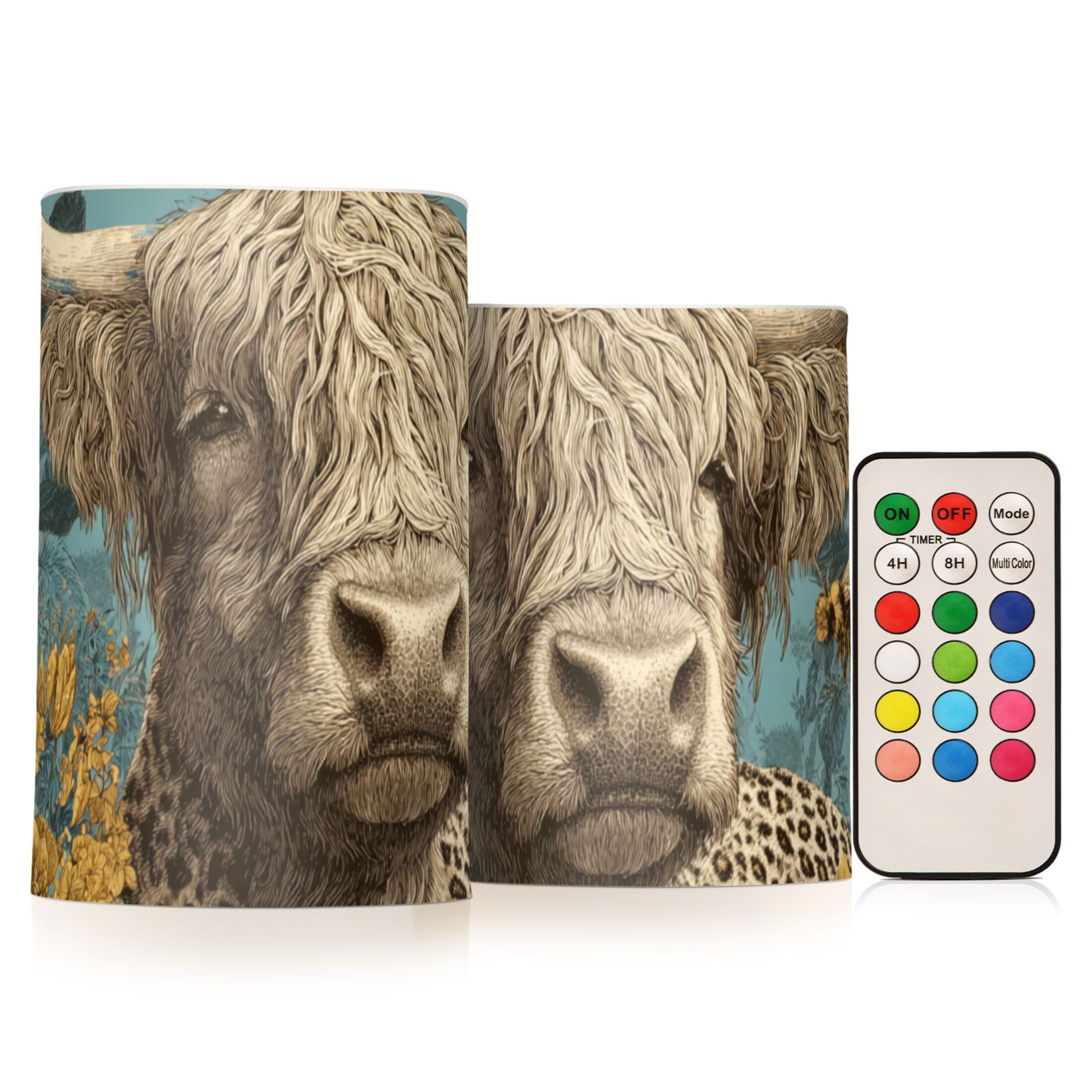 Highland Cow with Leopard Print Sunflowers Flickering Flameless Candles LED Tealight Battery Operated with Remote Set of 2 Holiday Decor Ornaments