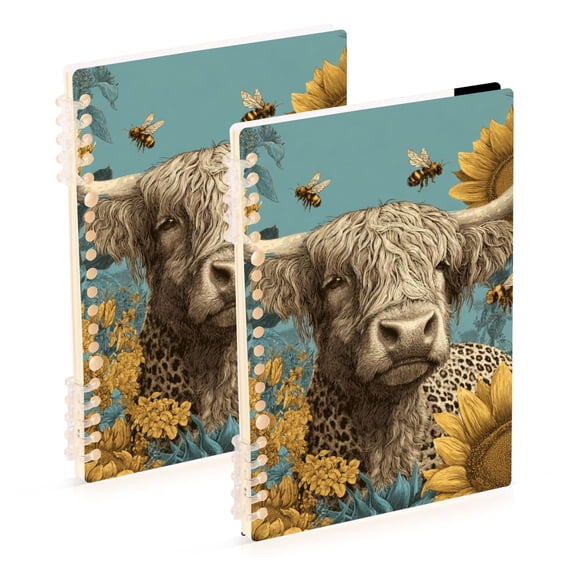 Highland Cow with Leopard Print Sunflowers Notebook Detachable Coil Notebook Diary Plan Book A5 Size 60 Pages 1 Pack