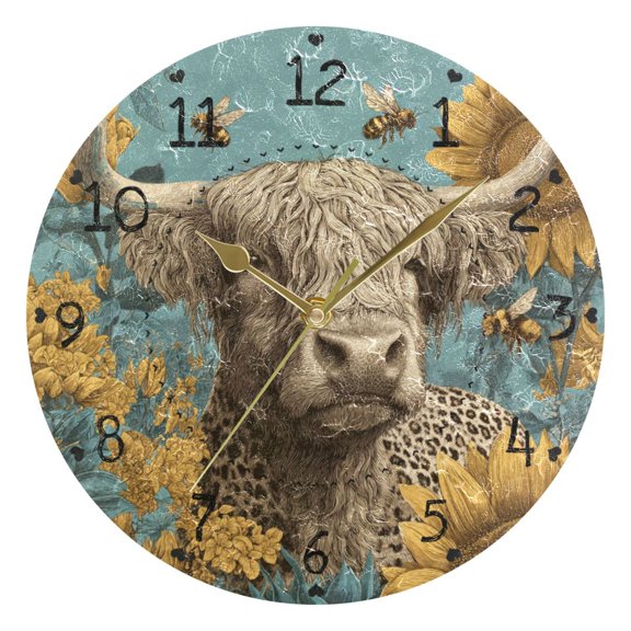 Highland Cow with Leopard Print Sunflowers Round Wall Clock Silent Analog Battery Operated Gold Pointer Home Decor 9.84" Diameter