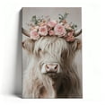thumbnail image 1 of Highland Cow with Pink Floral Crown Canvas Wall Art, Whimsical Farmhouse Decor, Soft Pastel Animal Artwork for Bedroom, Ready to Hang, 1 of 5