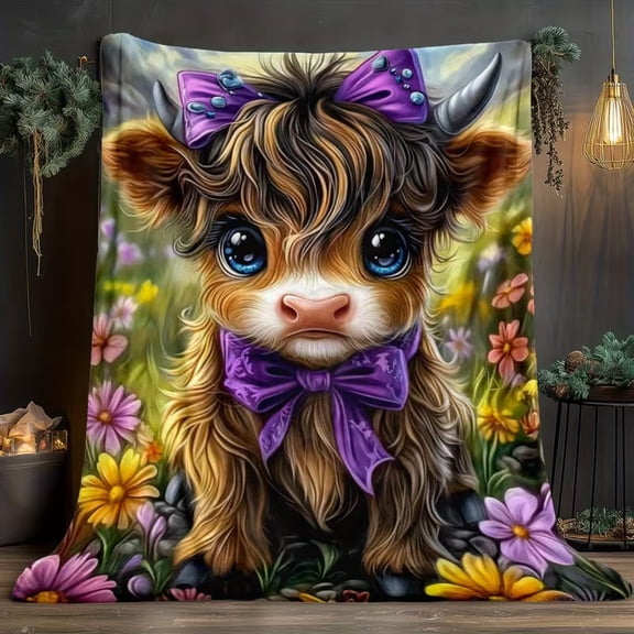 Highland Cow with Purple BowFloral Fleece Throw Blanket