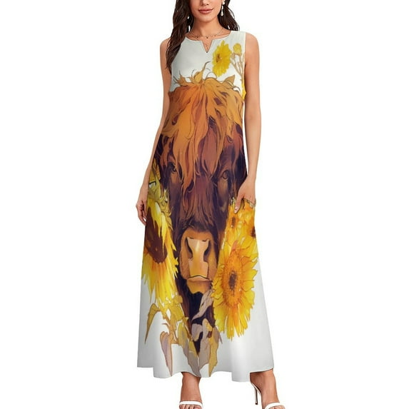 Highland Cow with Sunflowers Long Dress Female Clothing Prom Dress Dress Women Elegant Luxury
