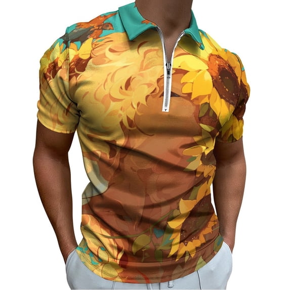 Highland Cow with Sunflowers Men Zipper T-shirt Summer Casual Short Sleeve T-shirt Top