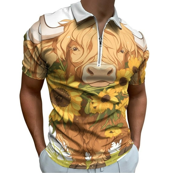 Highland Cow with Sunflowers Men Zipper T-shirt Summer Casual Short Sleeve T-shirt Top