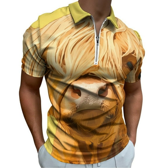 Highland Cow with Sunflowers Men Zipper T-shirt Summer Casual Short Sleeve T-shirt Top