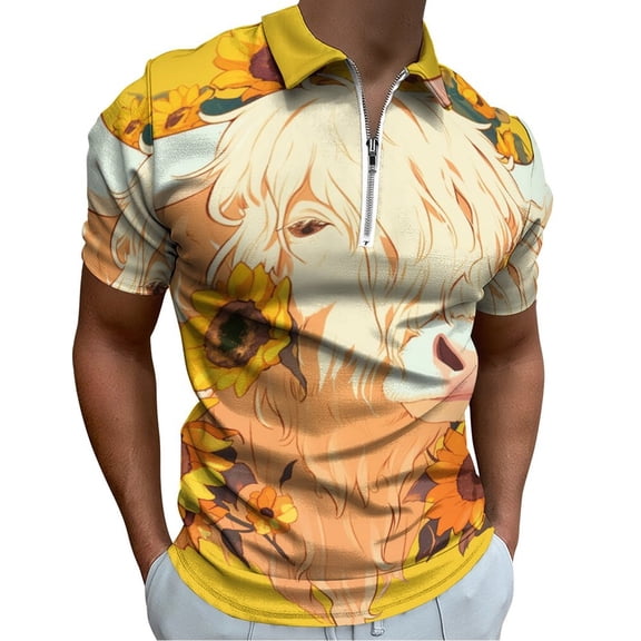 Highland Cow with Sunflowers Men Zipper T-shirt Summer Casual Short Sleeve T-shirt Top