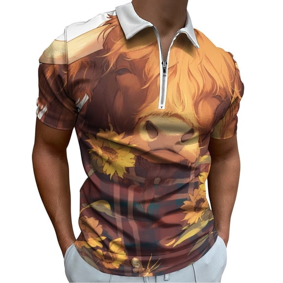 Highland Cow with Sunflowers Men Zipper T-shirt Summer Casual Short Sleeve T-shirt Top